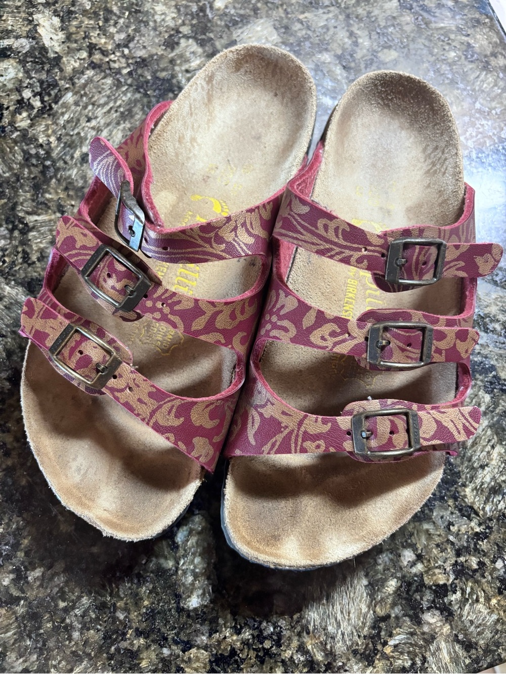 Birkenstock Triple-Strap Floral Burgundy Sandals